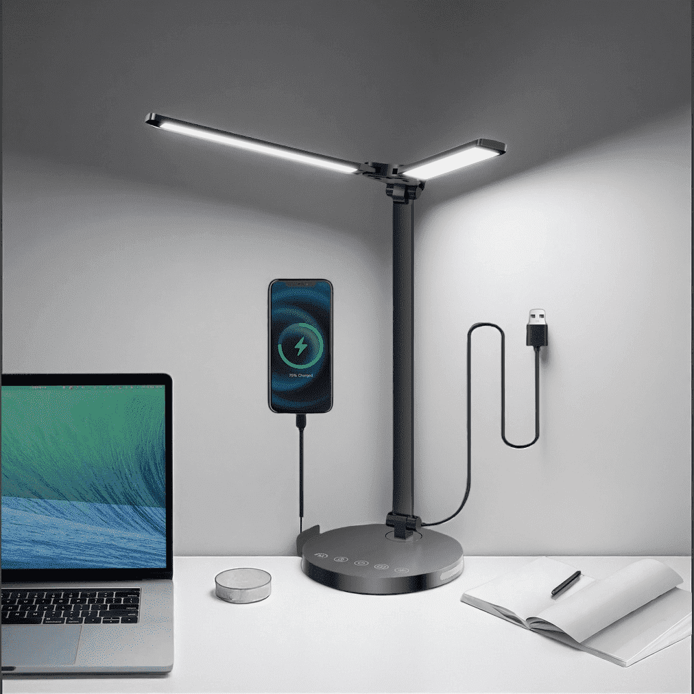 15W Dual Head Desk Lamp with Night Light &amp; 45mins Timer - Architect Task Lamp, Dimmable Brightness, USB Powered Eye-Caring Foldable Table Light for Working, Home, Office, Reading, Bedtime (5Colors）