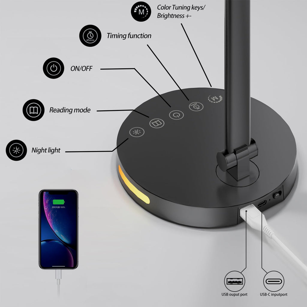 15W Dual Head Desk Lamp with Night Light &amp; 45mins Timer - Architect Task Lamp, Dimmable Brightness, USB Powered Eye-Caring Foldable Table Light for Working, Home, Office, Reading, Bedtime (5Colors）