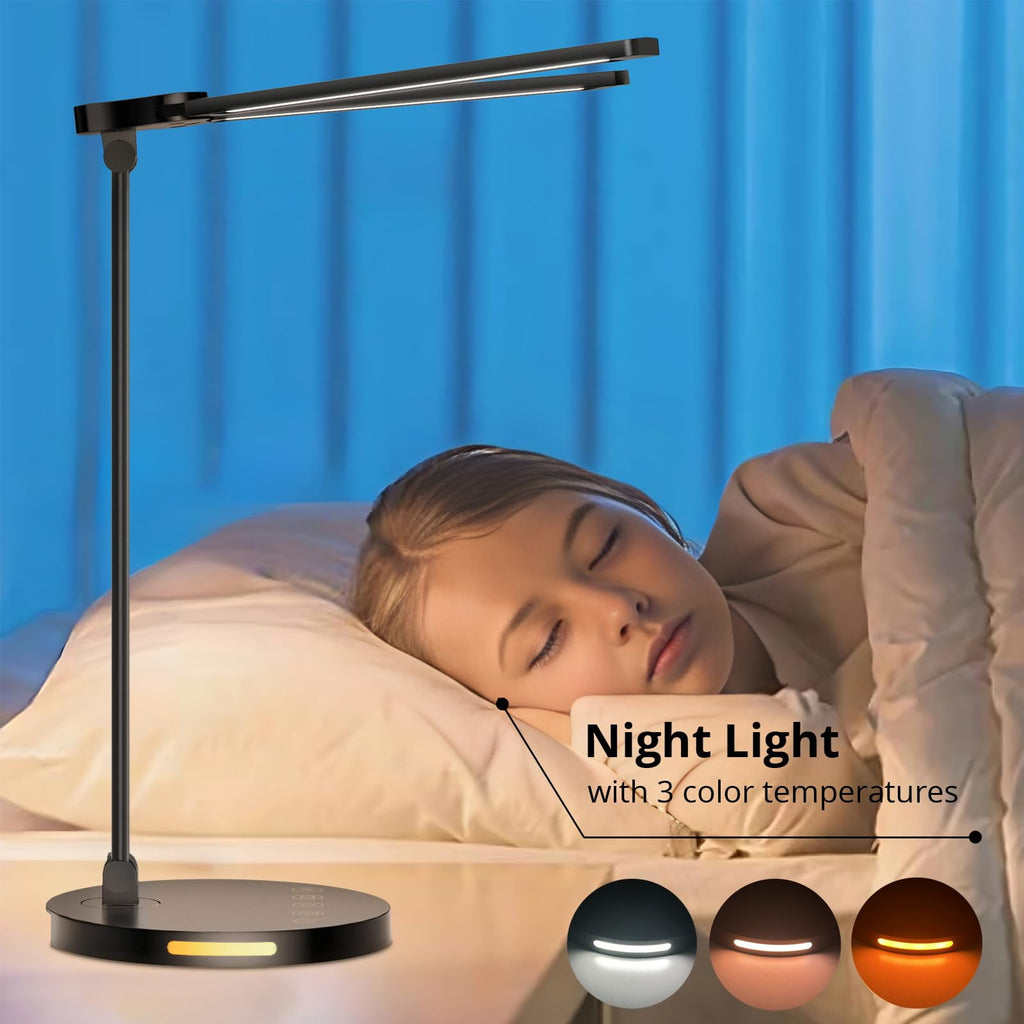 15W Dual Head Desk Lamp with Night Light &amp; 45mins Timer - Architect Task Lamp, Dimmable Brightness, USB Powered Eye-Caring Foldable Table Light for Working, Home, Office, Reading, Bedtime (5Colors）