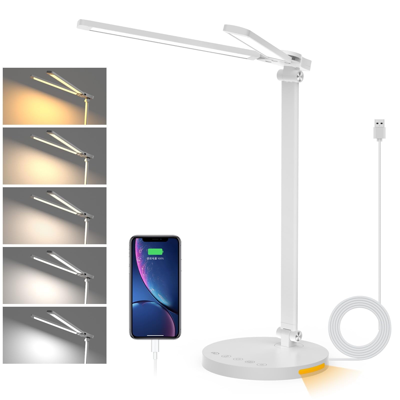 15W Dual Head Desk Lamp with Night Light &amp; 45mins Timer - Architect Task Lamp, Dimmable Brightness, USB Powered Eye-Caring Foldable Table Light for Working, Home, Office, Reading, Bedtime (5Colors）