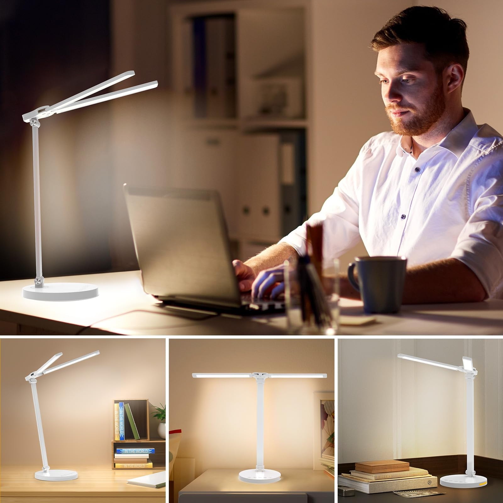 15W Dual Head Desk Lamp with Night Light &amp; 45mins Timer - Architect Task Lamp, Dimmable Brightness, USB Powered Eye-Caring Foldable Table Light for Working, Home, Office, Reading, Bedtime (5Colors）