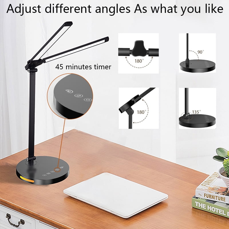 15W Dual Head Desk Lamp with Night Light &amp; 45mins Timer - Architect Task Lamp, Dimmable Brightness, USB Powered Eye-Caring Foldable Table Light for Working, Home, Office, Reading, Bedtime (5Colors）