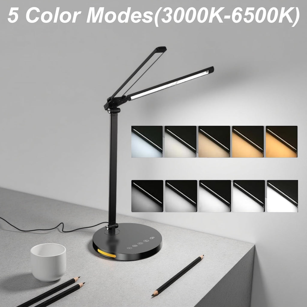 15W Dual Head Desk Lamp with Night Light &amp; 45mins Timer - Architect Task Lamp, Dimmable Brightness, USB Powered Eye-Caring Foldable Table Light for Working, Home, Office, Reading, Bedtime (5Colors）