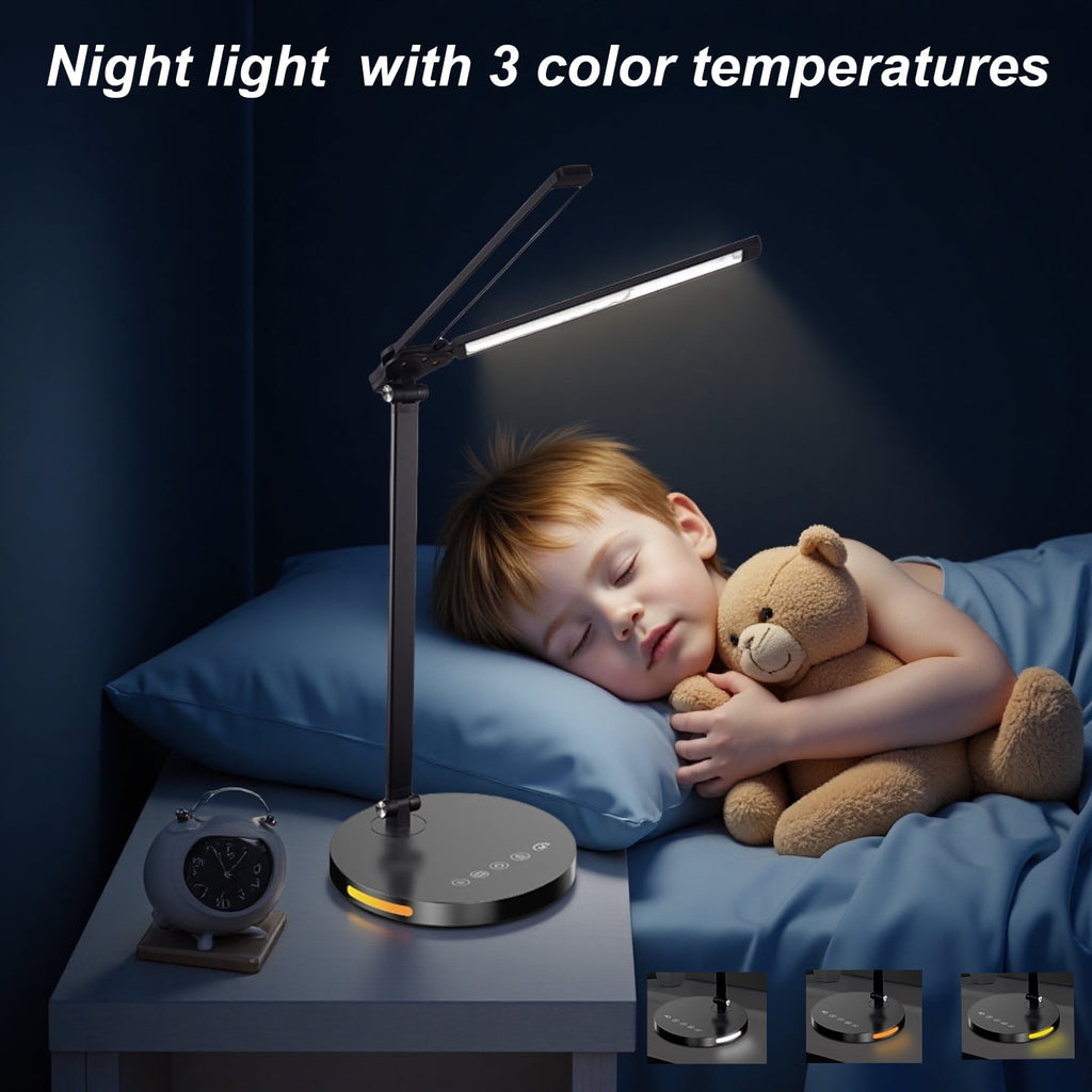 15W Dual Head Desk Lamp with Night Light &amp; 45mins Timer - Architect Task Lamp, Dimmable Brightness, USB Powered Eye-Caring Foldable Table Light for Working, Home, Office, Reading, Bedtime (5Colors）