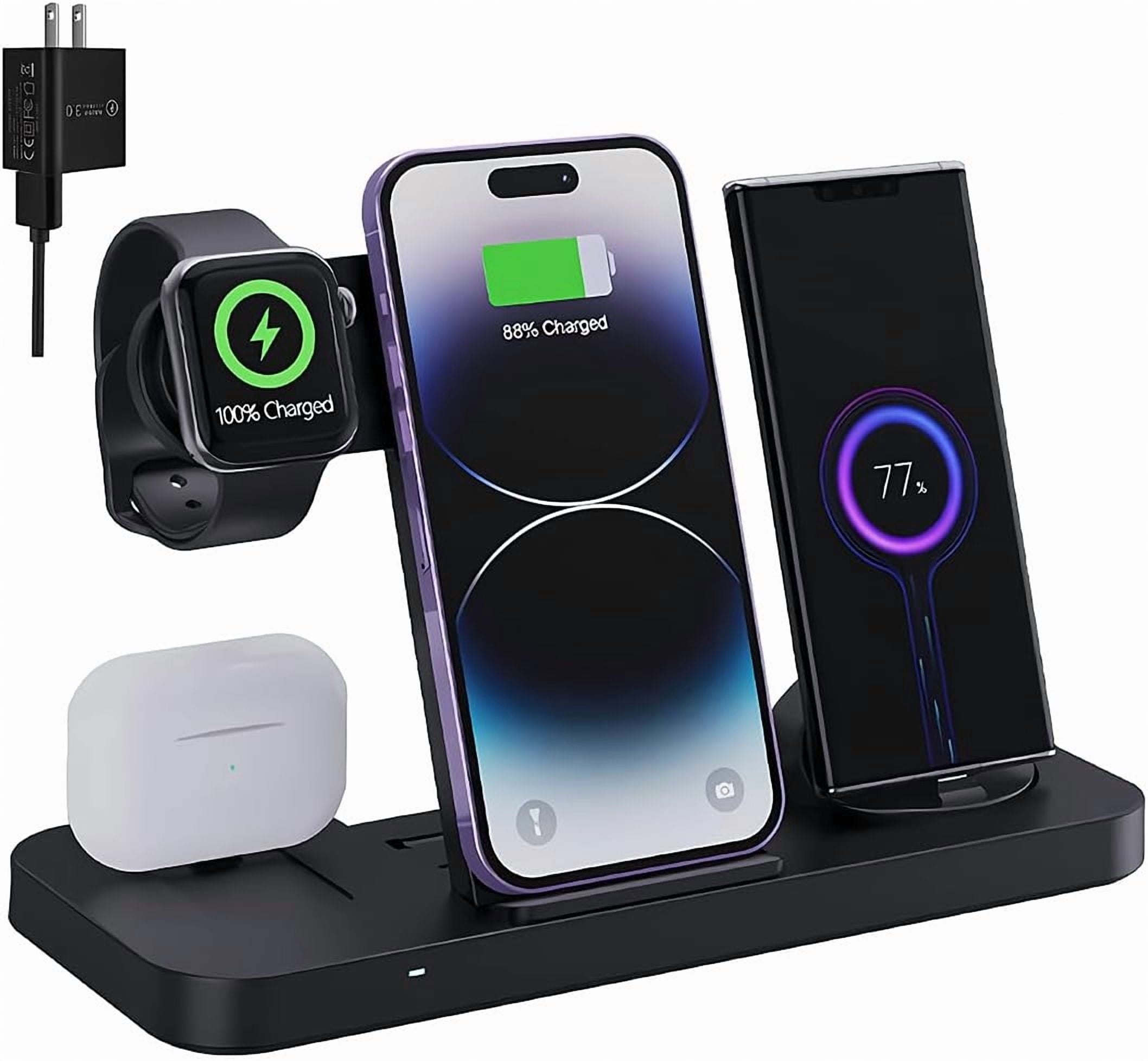 4-in-1 Fast Wireless Charging Station for iPhone16/15/14/13, Apple Watch Ultra/9/8, AirPods Pro,18W Qi-Certified (with QC3.0 Adapter)