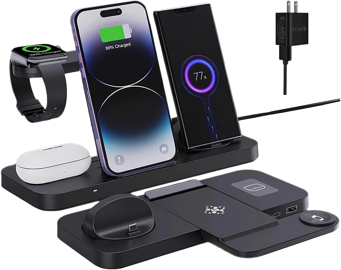 4-in-1 Fast Wireless Charging Station for iPhone16/15/14/13, Apple Watch Ultra/9/8, AirPods Pro,18W Qi-Certified (with QC3.0 Adapter)