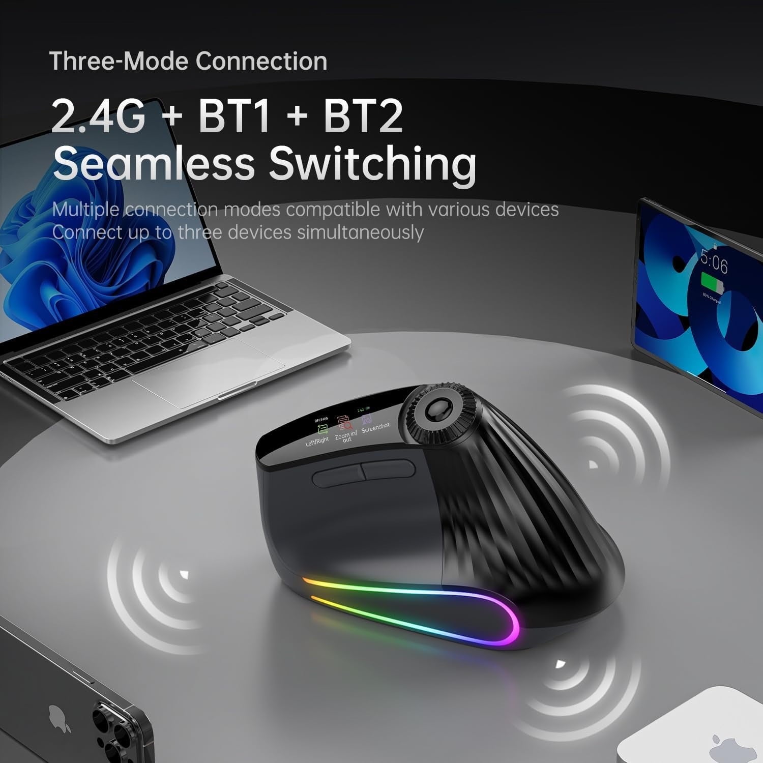 Ergonomic Vertical Mouse Wireless, Rechargeable Bluetooth Ultra-Fast Scrolling 4800 DPI Ergo Mouse, 2.4G Quiet Clicks 6 Buttons