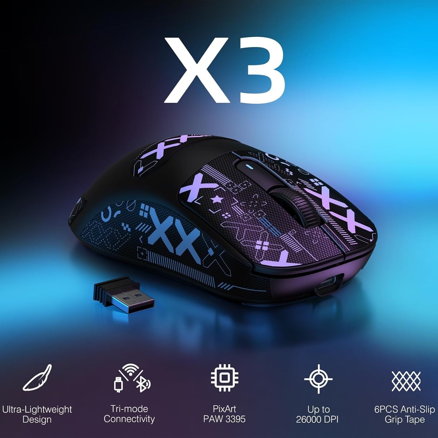 Wireless Gaming Mouse, 49g Lightweight Triple Mode Ergonomic Computer Mouse, PAW3395 26K DPI Sensor, 200h Battery Life