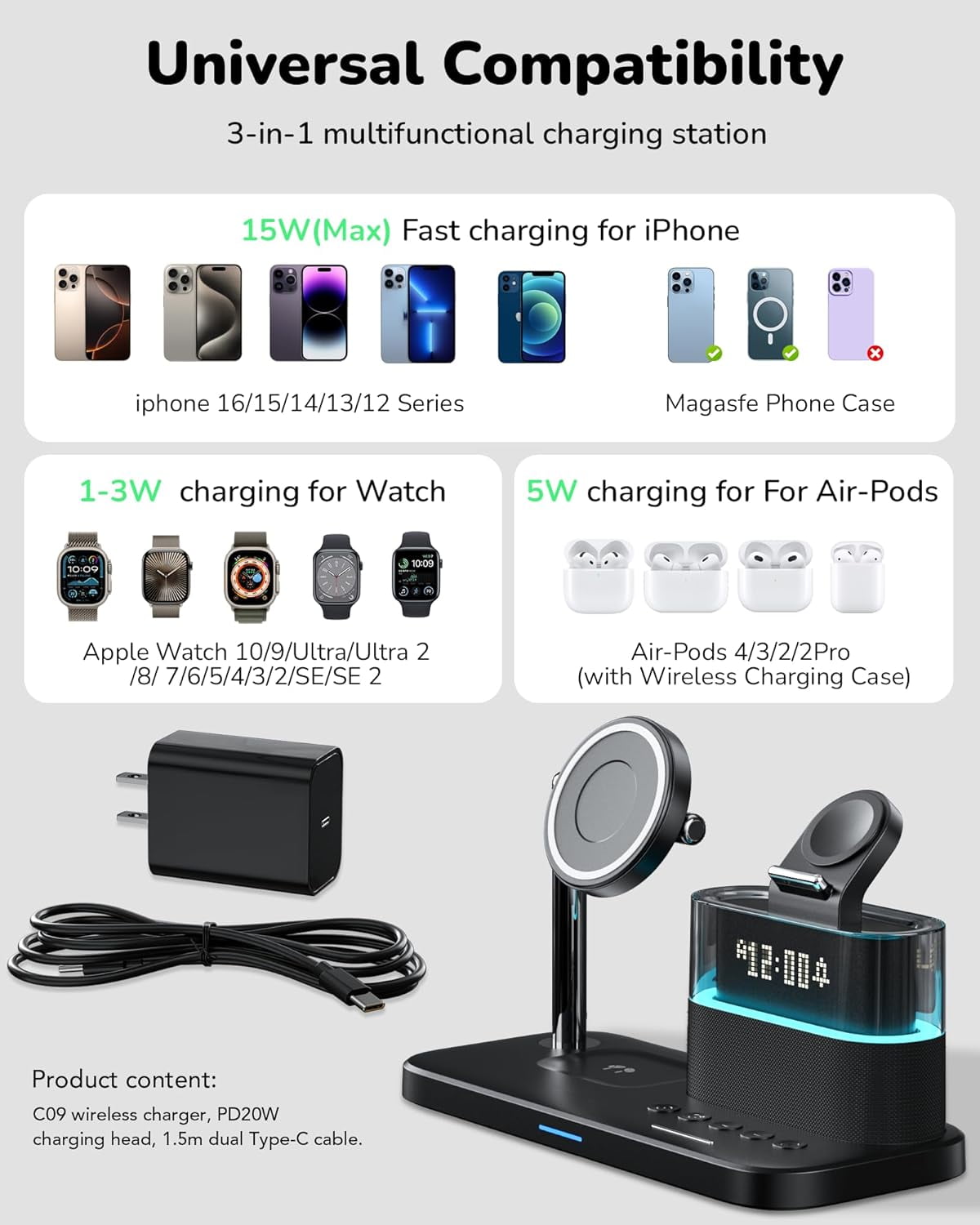 5 in 1 Wireless Charger with Alarm Clock for  Devices, Bedside Night Light Charging Station for  16/15/14/13/12,  Watch,  (Black)