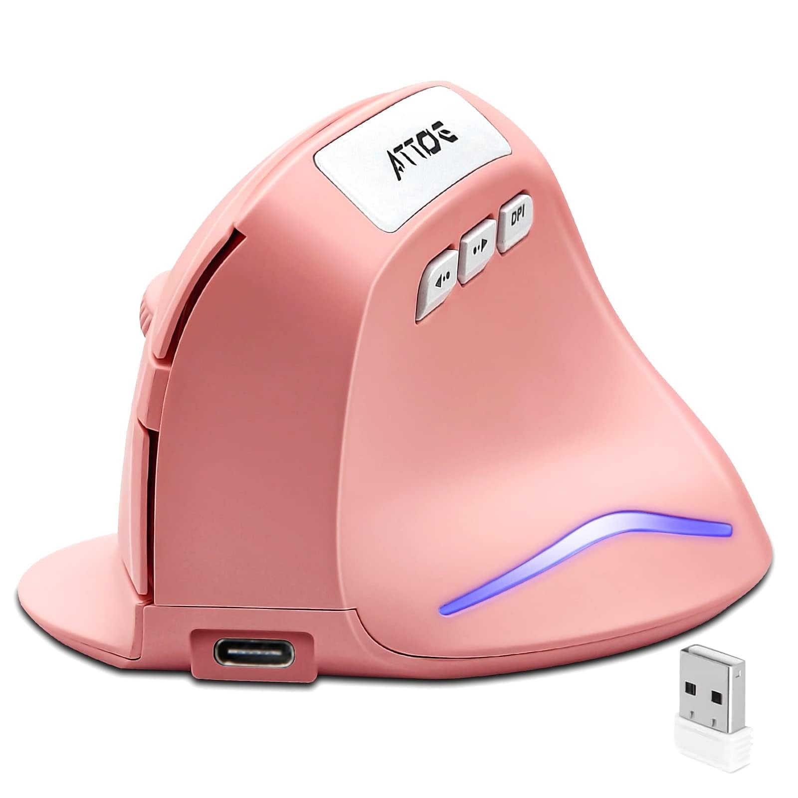 Vertical Wireless Mouse - Pink Ergonomic Optical Computer Mouse with Adjustable 1000/1600/2400 DPI, 5 Buttons for Laptop, Desktop, PC, MacBook