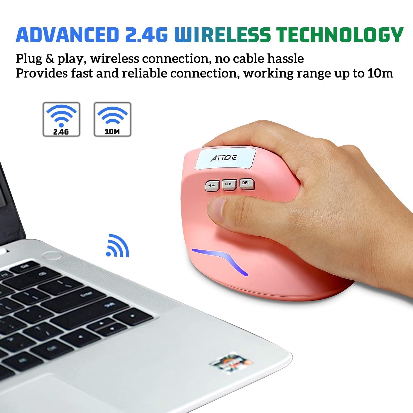 Vertical Wireless Mouse - Pink Ergonomic Optical Computer Mouse with Adjustable 1000/1600/2400 DPI, 5 Buttons for Laptop, Desktop, PC, MacBook