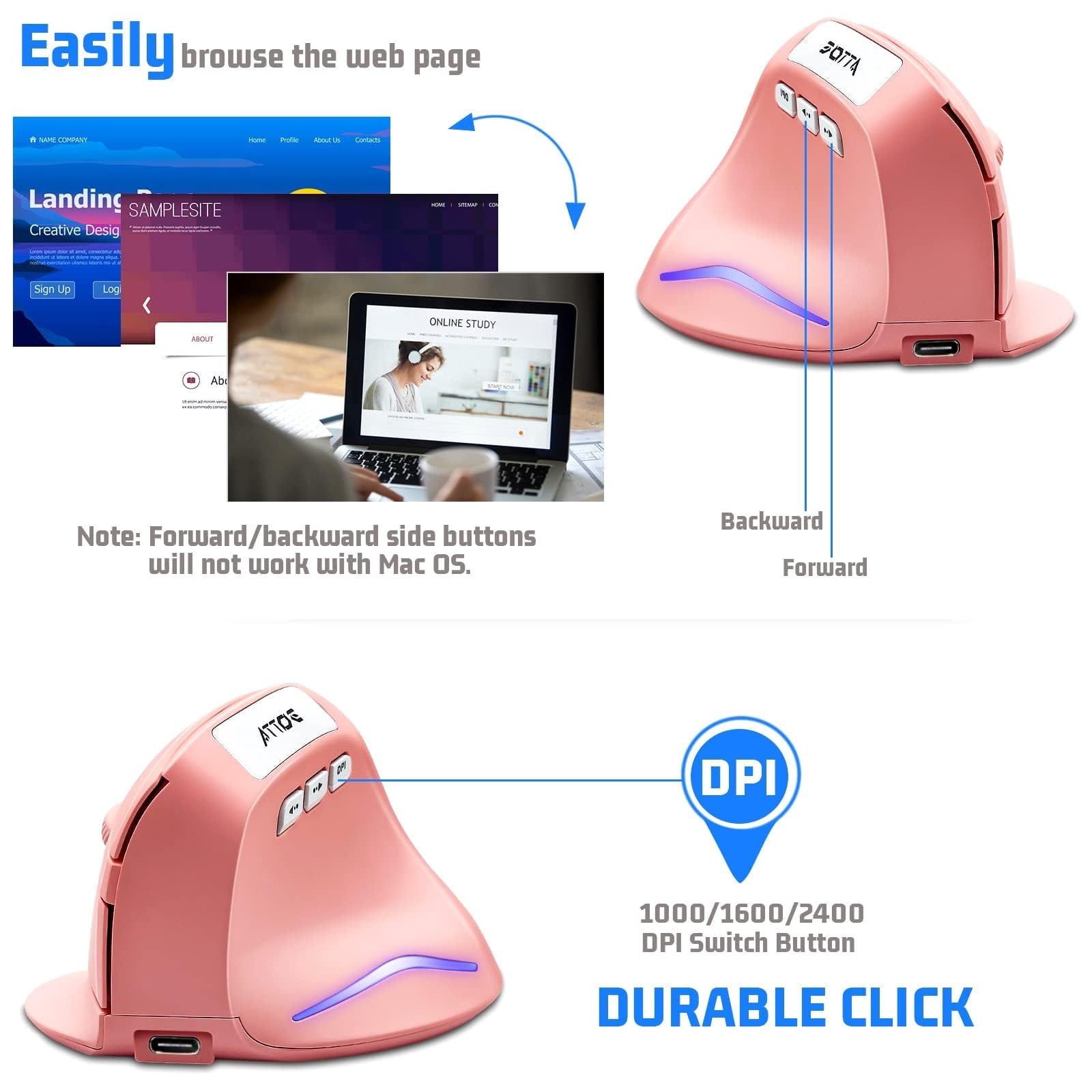 Vertical Wireless Mouse - Pink Ergonomic Optical Computer Mouse with Adjustable 1000/1600/2400 DPI, 5 Buttons for Laptop, Desktop, PC, MacBook