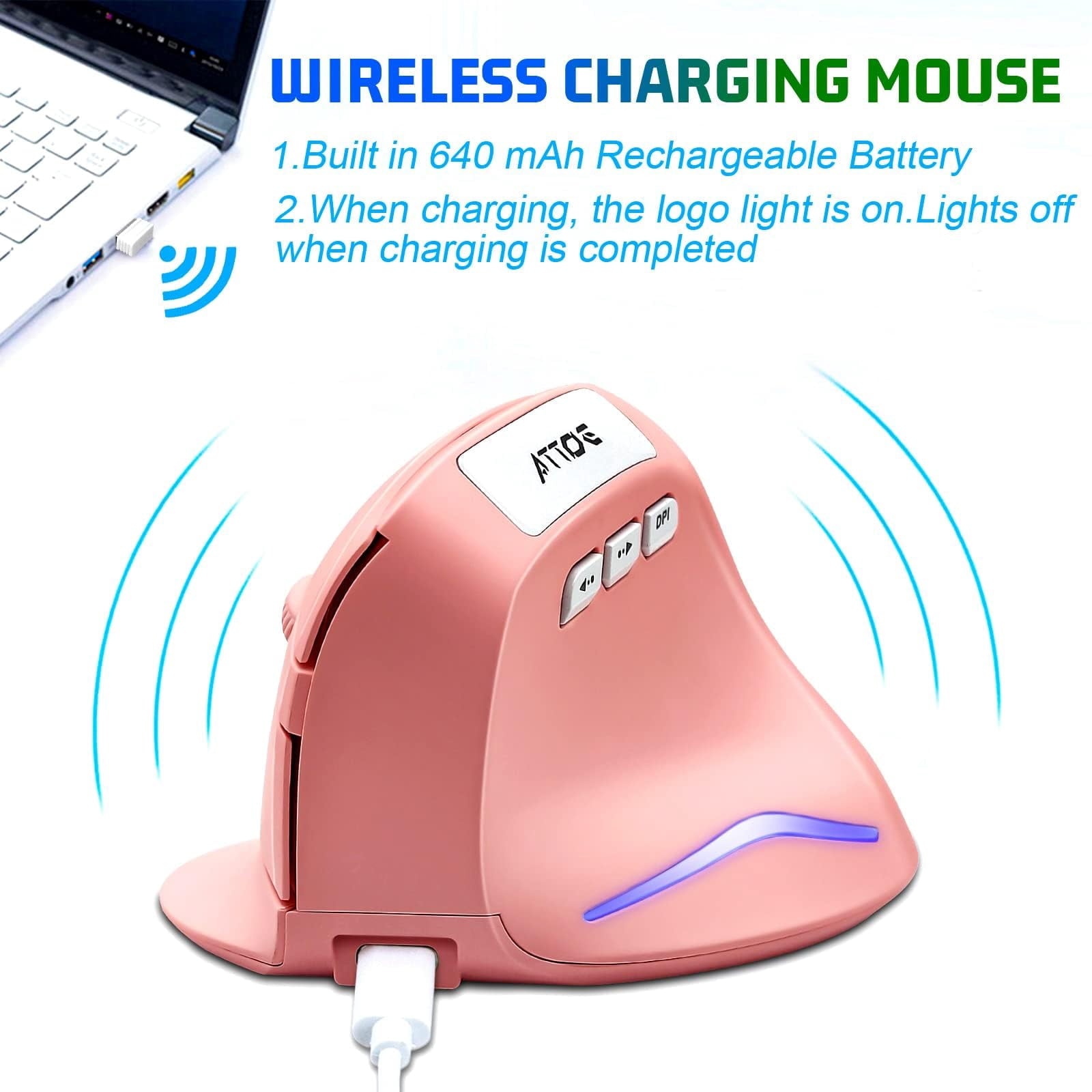 Vertical Wireless Mouse - Pink Ergonomic Optical Computer Mouse with Adjustable 1000/1600/2400 DPI, 5 Buttons for Laptop, Desktop, PC, MacBook