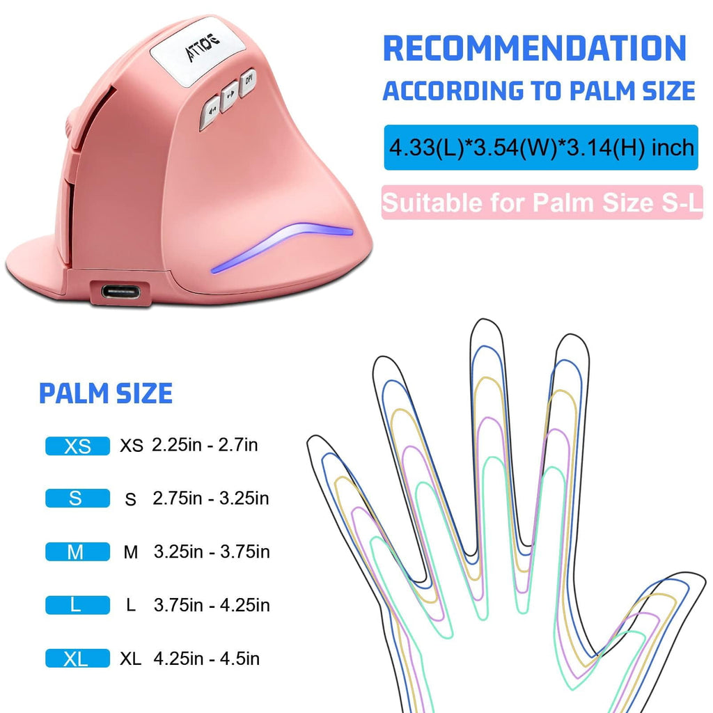 Vertical Wireless Mouse - Pink Ergonomic Optical Computer Mouse with Adjustable 1000/1600/2400 DPI, 5 Buttons for Laptop, Desktop, PC, MacBook