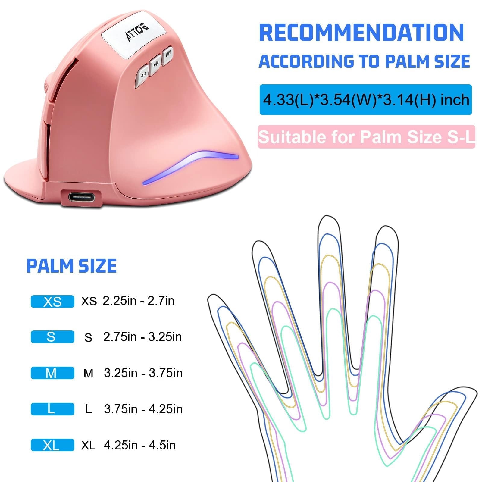 Vertical Wireless Mouse - Pink Ergonomic Optical Computer Mouse with Adjustable 1000/1600/2400 DPI, 5 Buttons for Laptop, Desktop, PC, MacBook
