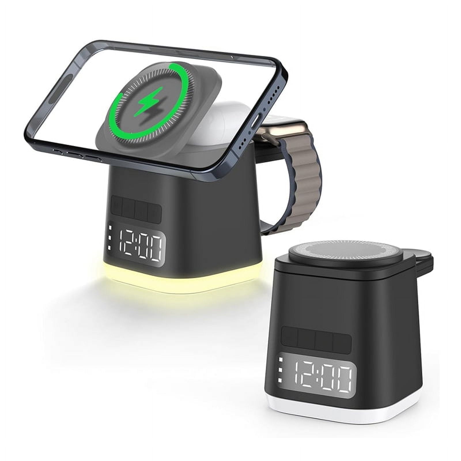 Charging Station,Alarm Clock,Night Light,Wireless Charging Dock, Phone Watch Charger Stand, Charger Combo Black