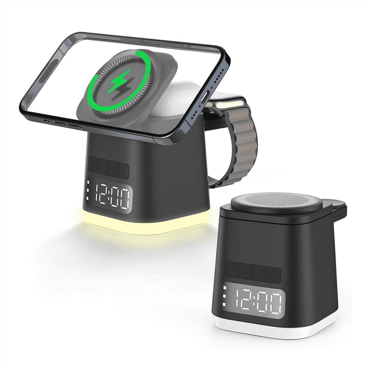 Charging Station,Alarm Clock,Night Light,Wireless Charging Dock, Phone Watch Charger Stand, Charger Combo Black