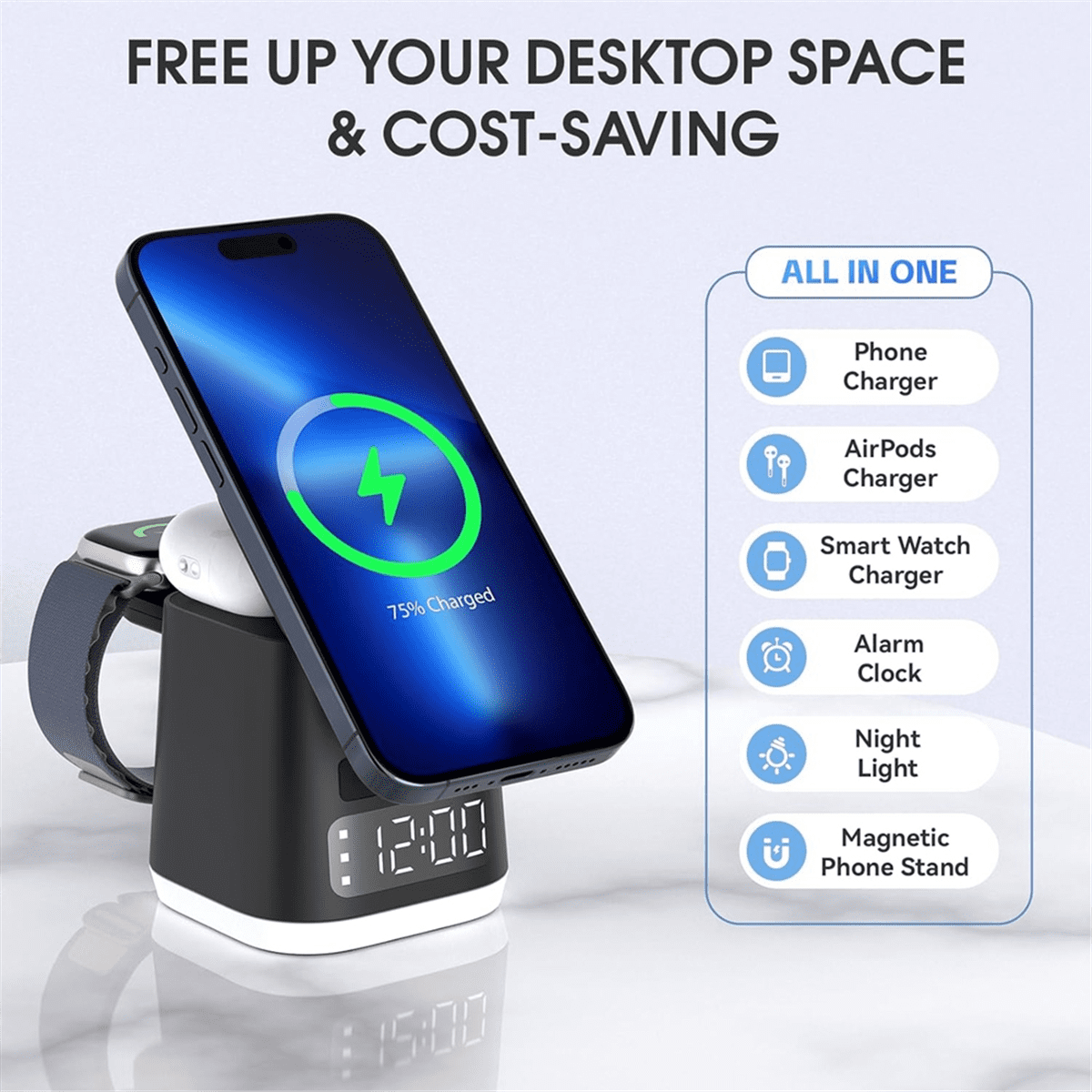 Charging Station,Alarm Clock,Night Light,Wireless Charging Dock, Phone Watch Charger Stand, Charger Combo Black