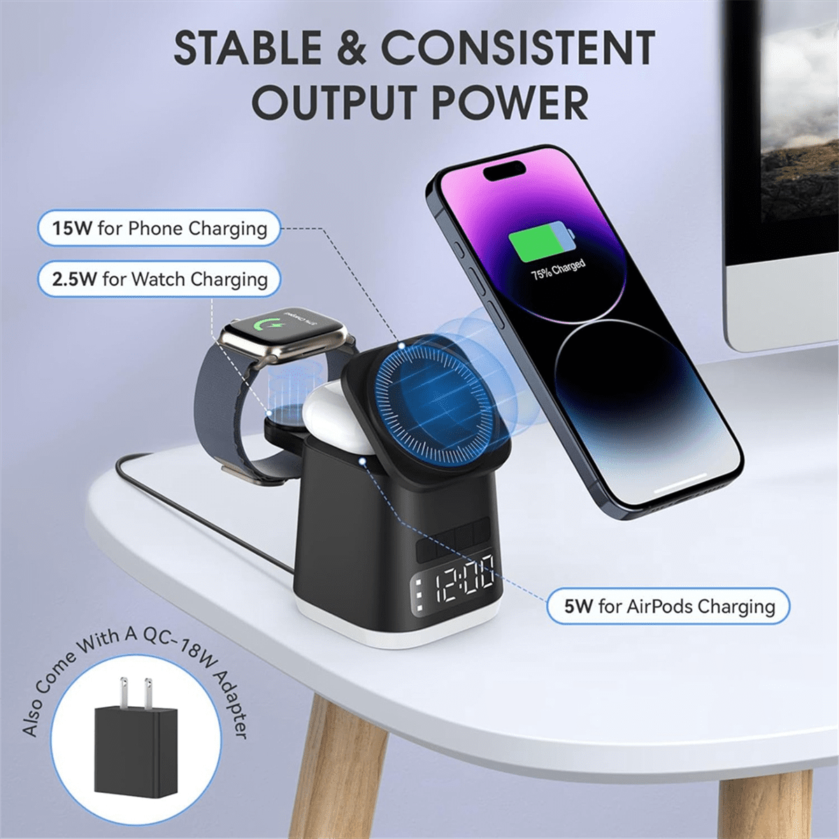 Charging Station,Alarm Clock,Night Light,Wireless Charging Dock, Phone Watch Charger Stand, Charger Combo Black