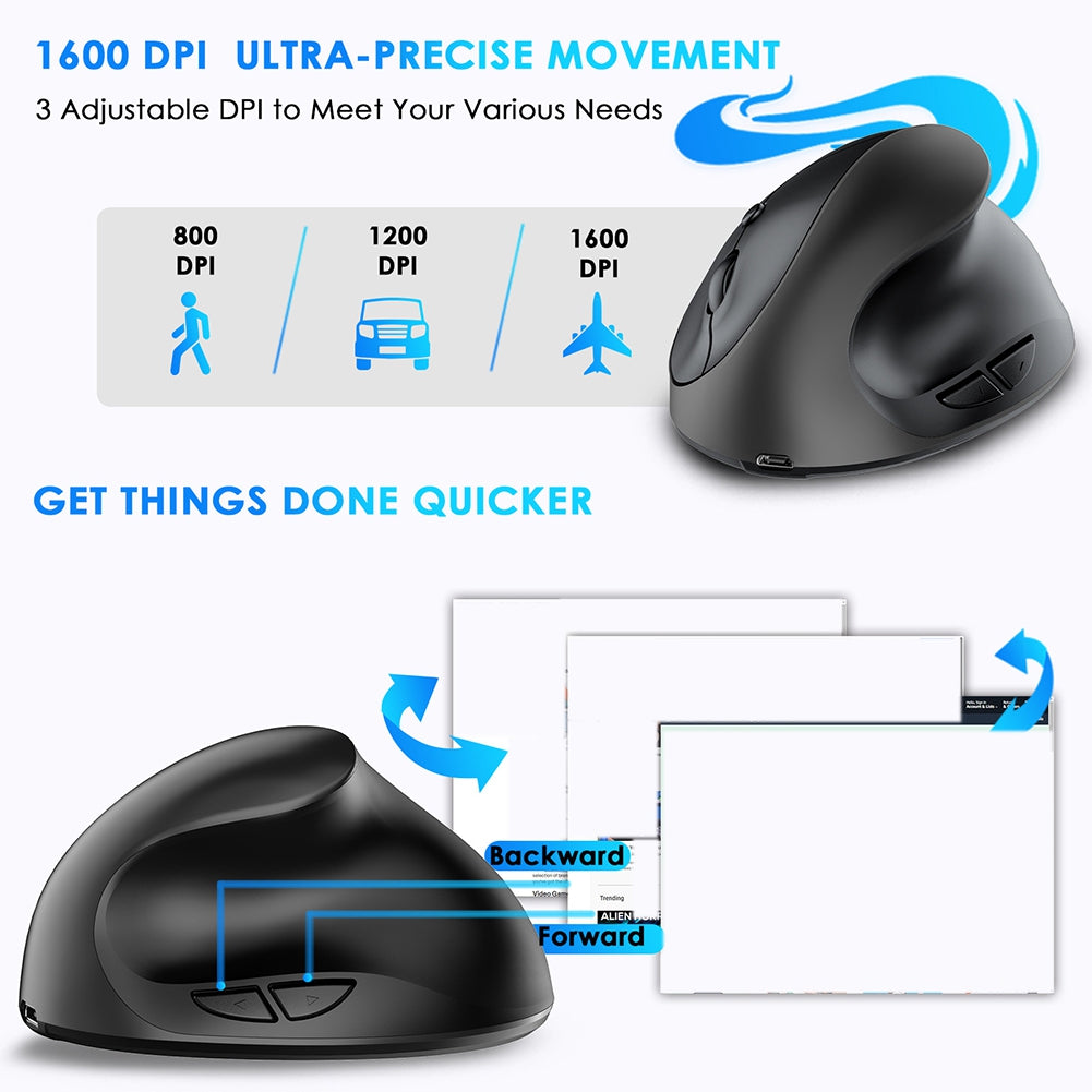 Ergonomic Vertical Mouse Rechargeable Wireless USB 2.4G for Computer Laptop Gaming Mouse Black