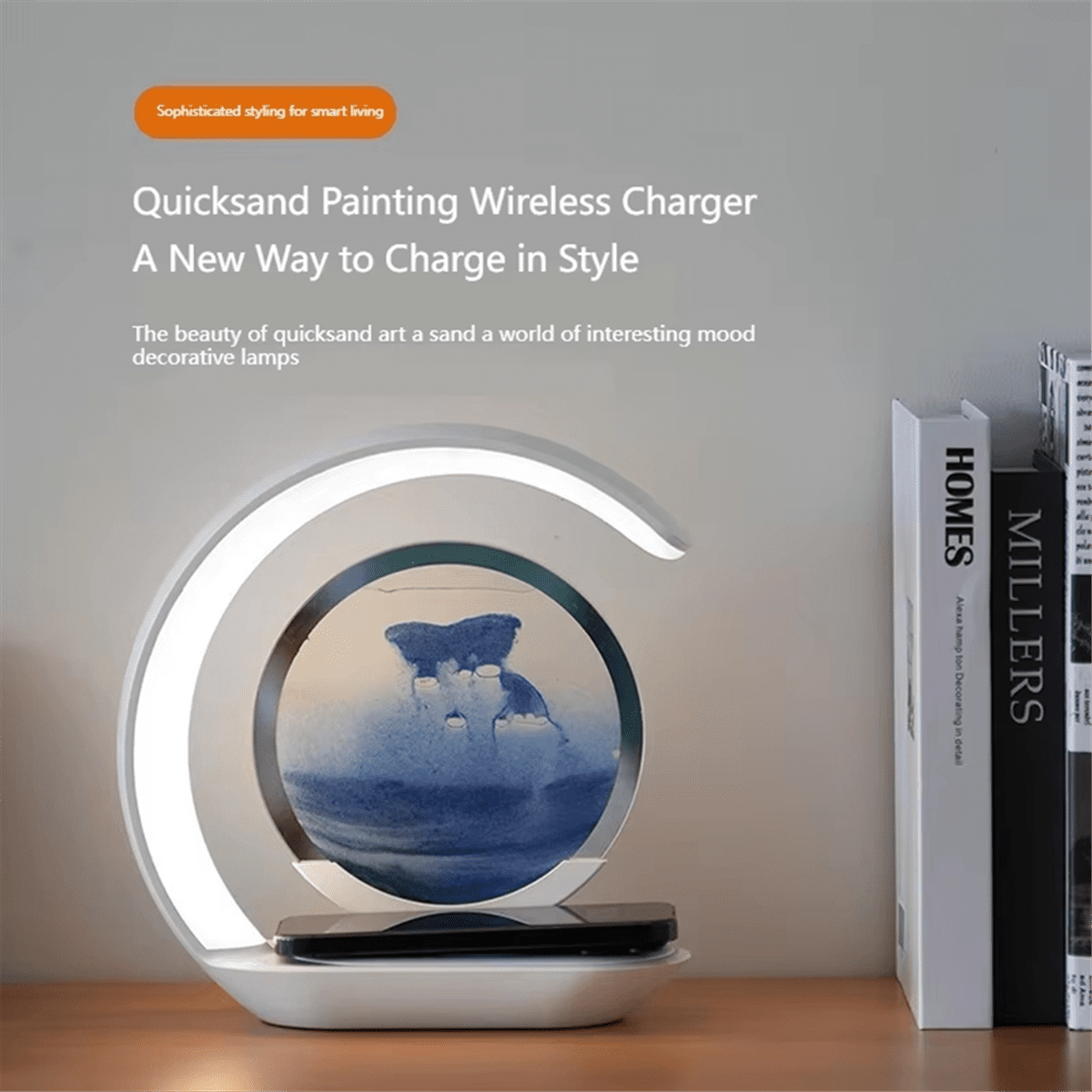 15W Wireless Charger with Quicksand Painting Night Lamp Table Top Decoration Fast Charging Station Orange