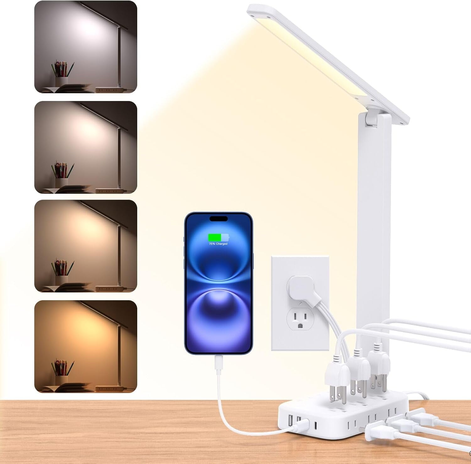 One Beat Desk Lamp with 6 Outlets 4 USB Ports(2×USB-C),Eye Protection Table Lamp Power Strip with 4 Color Modes 5 Brightness Touch LED Desk Lamps for Home Office College Dorm Room Essentials