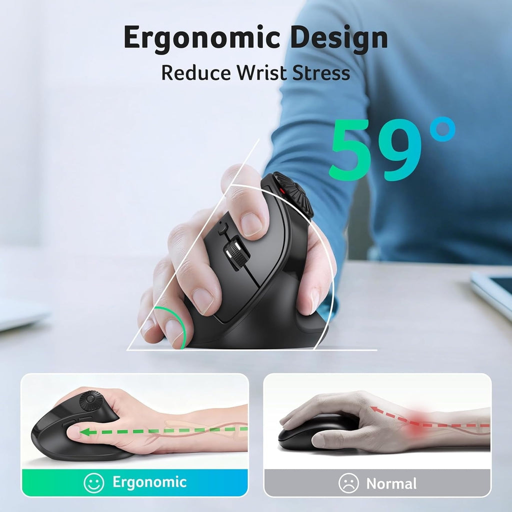 Ergonomic Mouse Wireless with Side Scroll Wheel, Bluetooth Mouse, Office Vertical Computer Mice, 8 Buttons, 2.4GHz USB Receiver