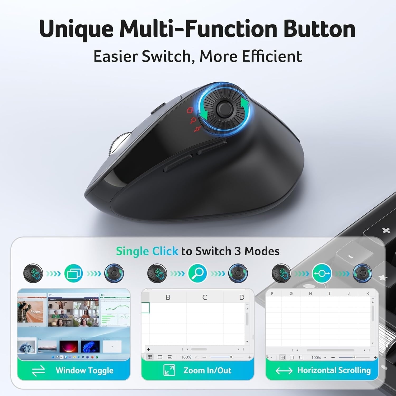 Ergonomic Mouse Wireless with Side Scroll Wheel, Bluetooth Mouse, Office Vertical Computer Mice, 8 Buttons, 2.4GHz USB Receiver