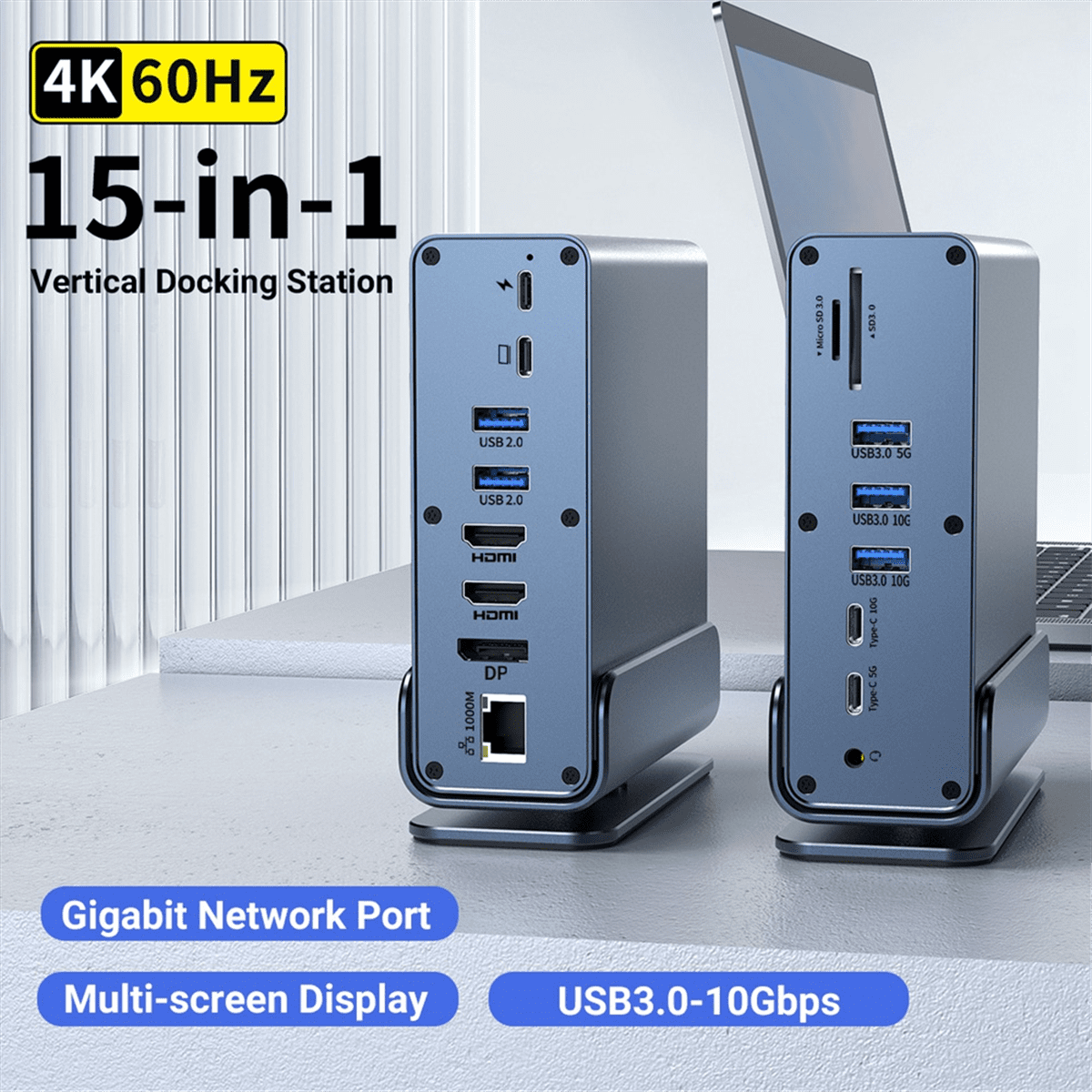 15 in 1 USB-C Docking Station 4K HD Vertical Hub with Triple Monitor