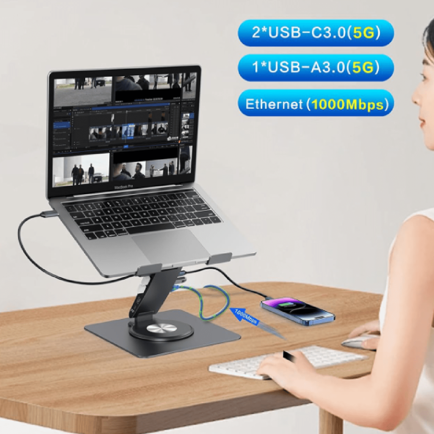 Laptop Docking Station for MacBook Pro/Air/Dell/HP/Surface HC 11-in-1 USB C Hub 360°Rotatable Laptop Stand with USB Hub 4K HDMI USB 3.0 PD100W 3.5mm Audio Jack RJ 45 TF/SD Reader Universal Laptop Doc