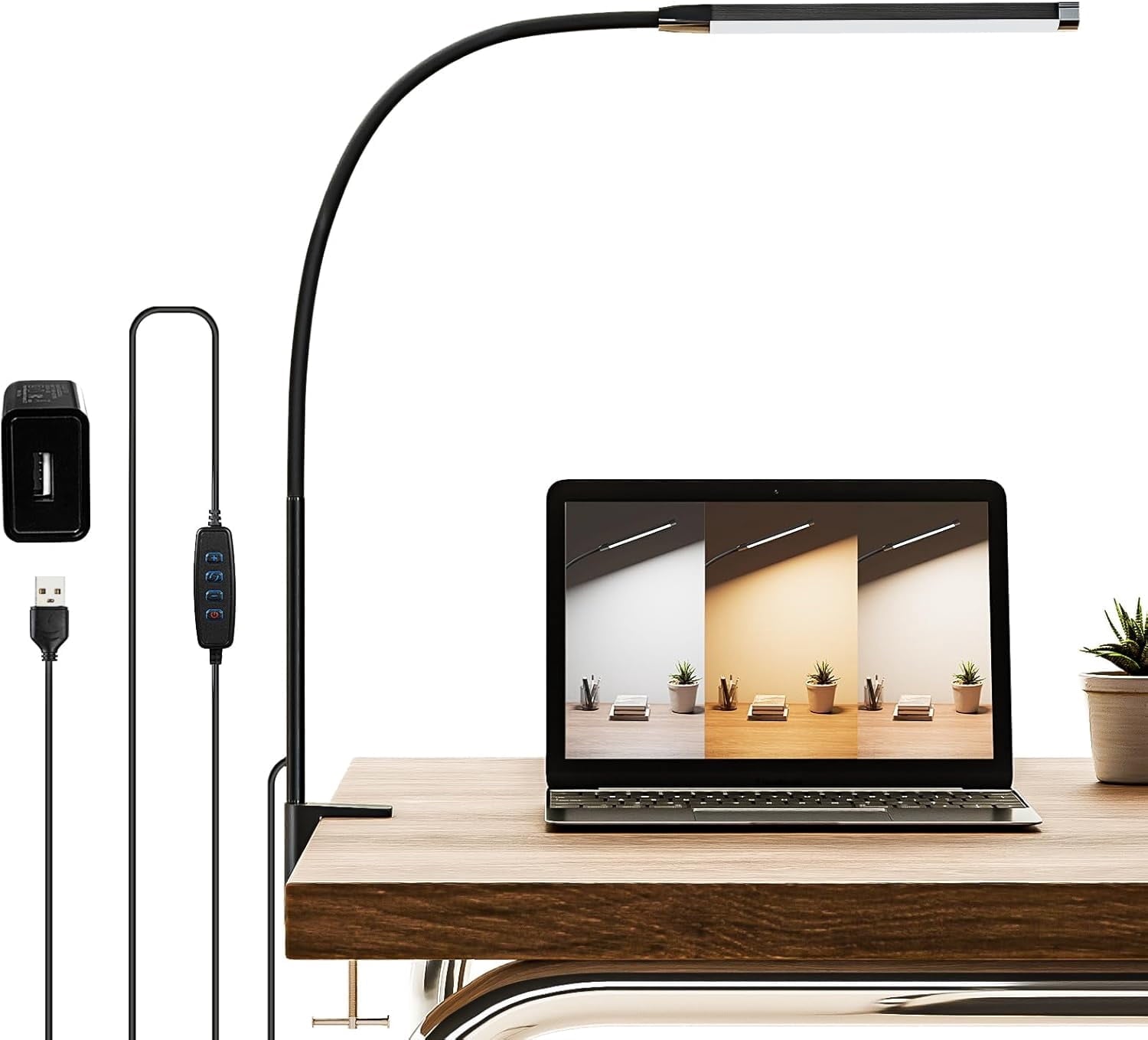 Dorm Room Essential Desk Lamp with Clamp | 3 Colors 10 Brightness | Eye-Caring | Flexible Gooseneck | Included USB Adapter | for Dorm Home Office/Study | Reading, Drafting, Nail Art, Puzzle