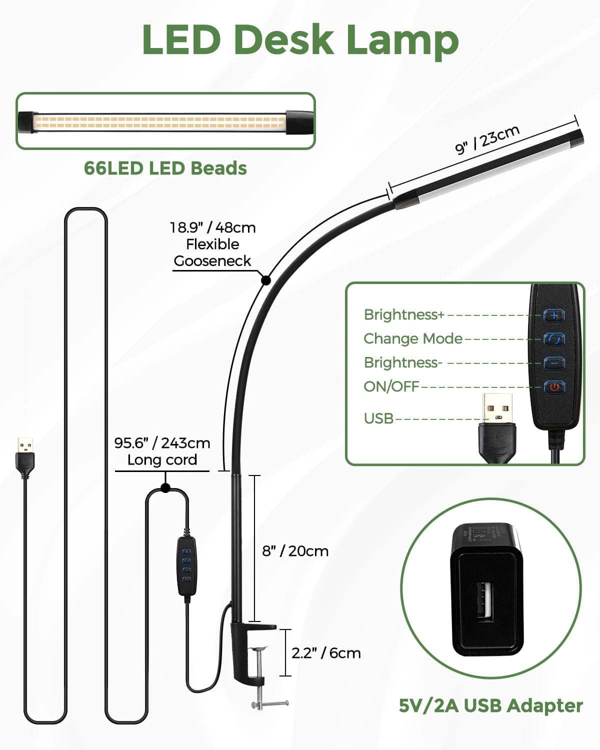 Dorm Room Essential Desk Lamp with Clamp | 3 Colors 10 Brightness | Eye-Caring | Flexible Gooseneck | Included USB Adapter | for Dorm Home Office/Study | Reading, Drafting, Nail Art, Puzzle