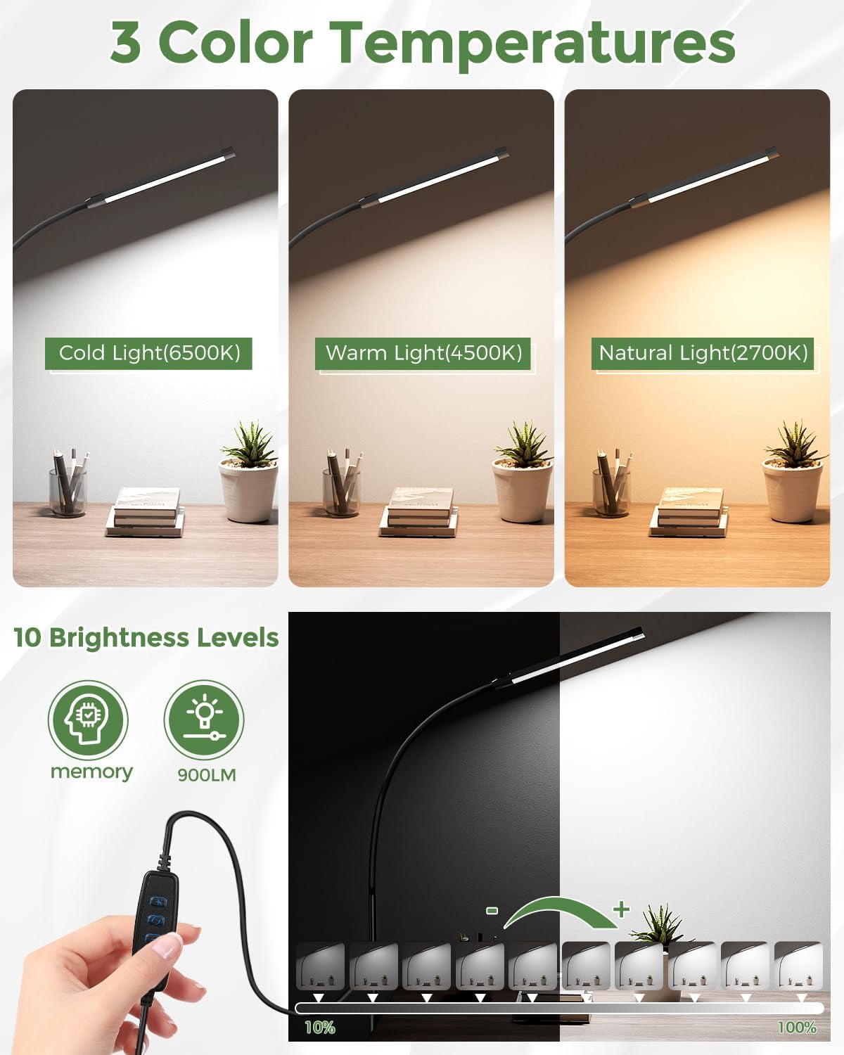 Dorm Room Essential Desk Lamp with Clamp | 3 Colors 10 Brightness | Eye-Caring | Flexible Gooseneck | Included USB Adapter | for Dorm Home Office/Study | Reading, Drafting, Nail Art, Puzzle