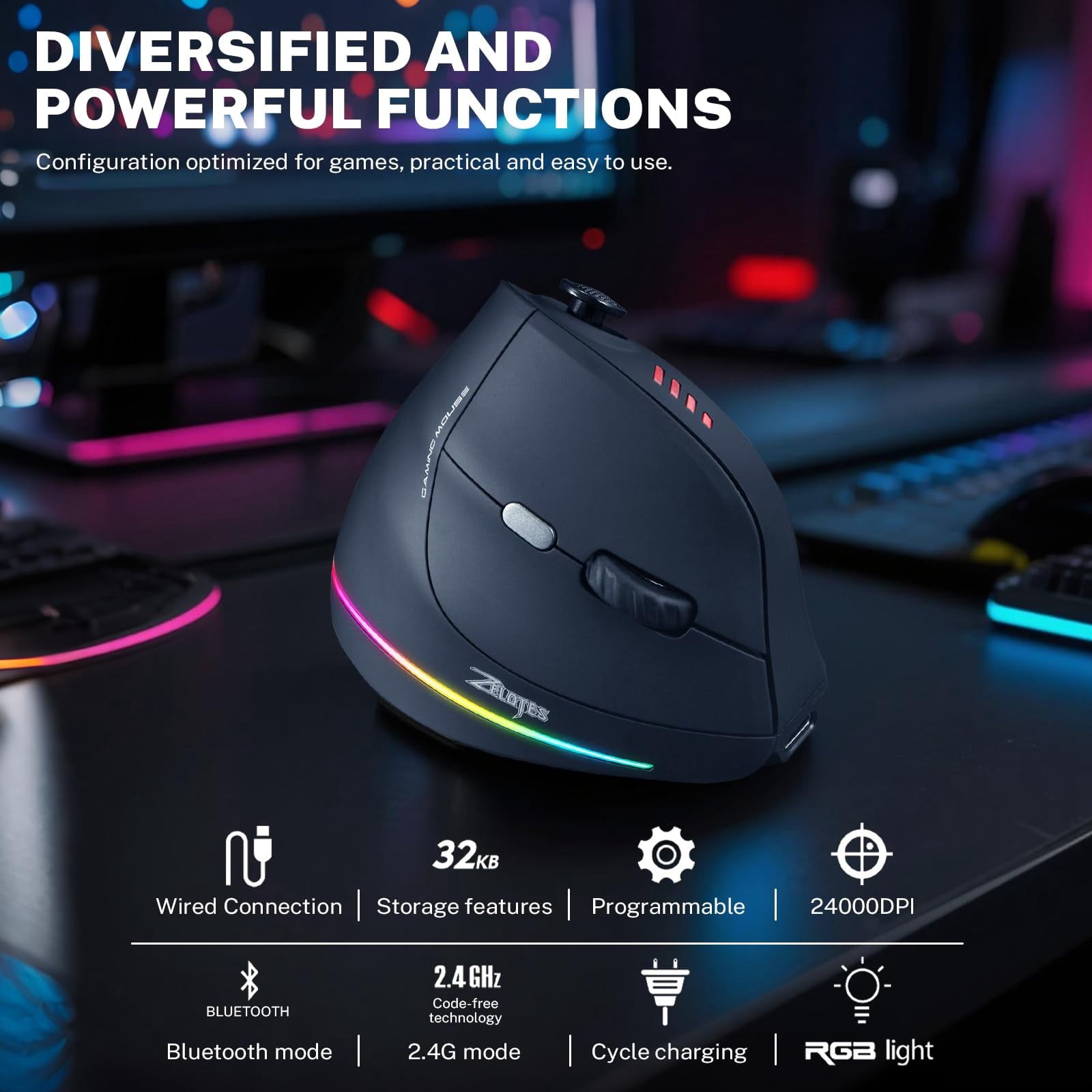 Wireless Vertical Gaming Mouse with 5D Rocker, 24000 DPI, 12 Programmable Buttons, Ergonomic Computer Mouse for PC Laptop E-Sports Gamers, Black