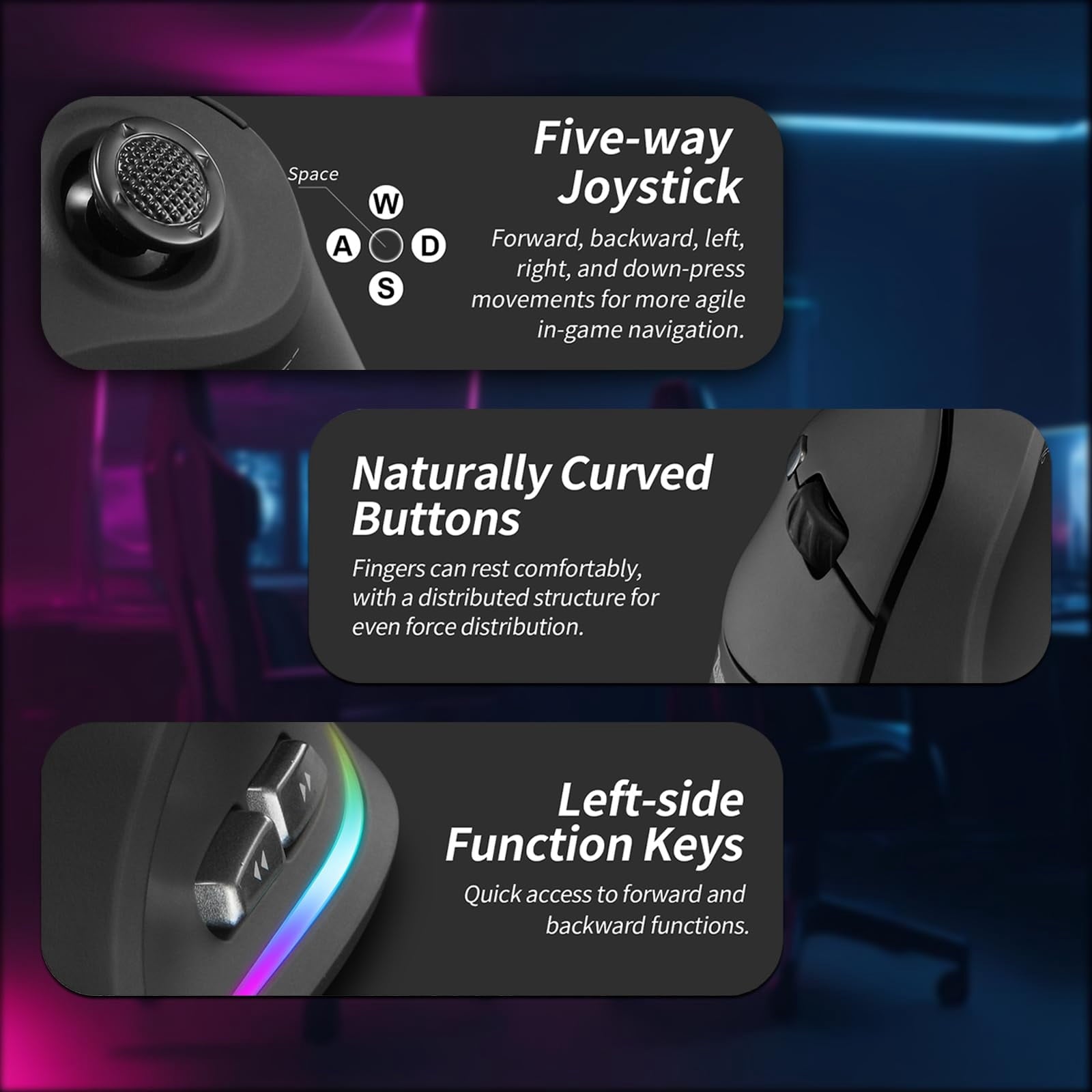 Wireless Vertical Gaming Mouse with 5D Rocker, 24000 DPI, 12 Programmable Buttons, Ergonomic Computer Mouse for PC Laptop E-Sports Gamers, Black