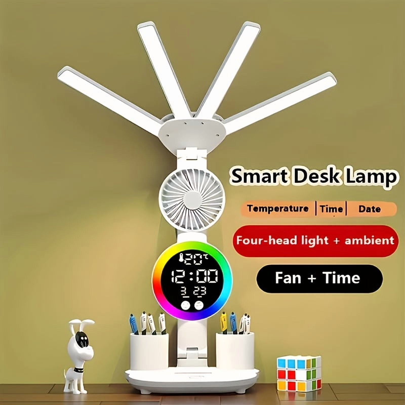 Smart Touch Dual Head LED Desk Lamp with USB - Dimmable Color Changing Eye Protection Lamp with Fan &amp; Night Light for Home Office Dorm
