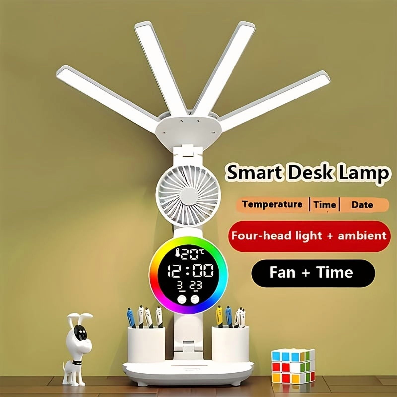 Smart Touch Dual Head LED Desk Lamp with USB - Dimmable Color Changing Eye Protection Lamp with Fan &amp; Night Light for Home Office Dorm