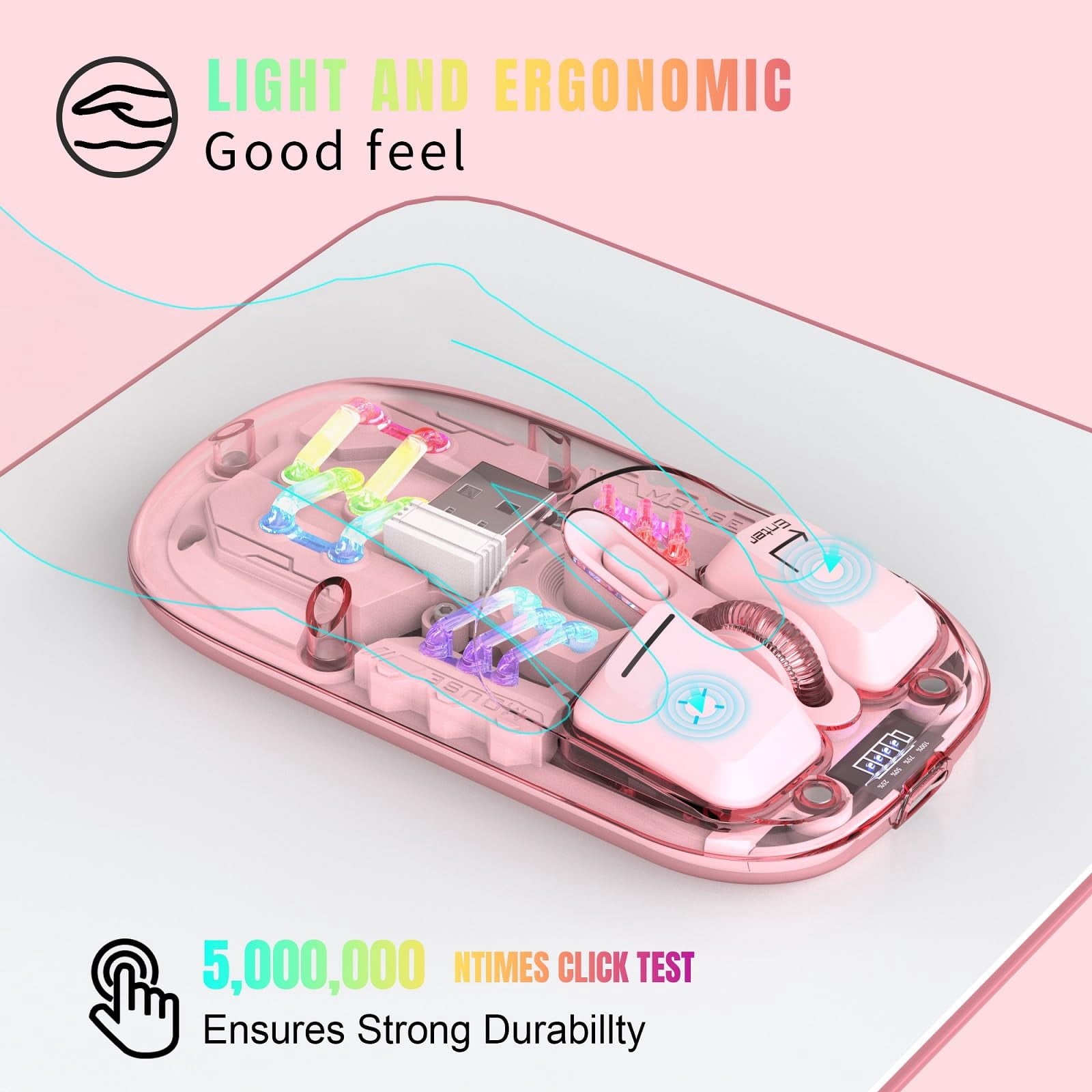 Wireless Transparent RGB Gaming Mouse, Bluetooth 5.0 + 2.4G Dual Mode Mechanical Mouse with Magnetic Top Cover, Rechargeable Ergonomic Mouse for PC Laptop Tablet