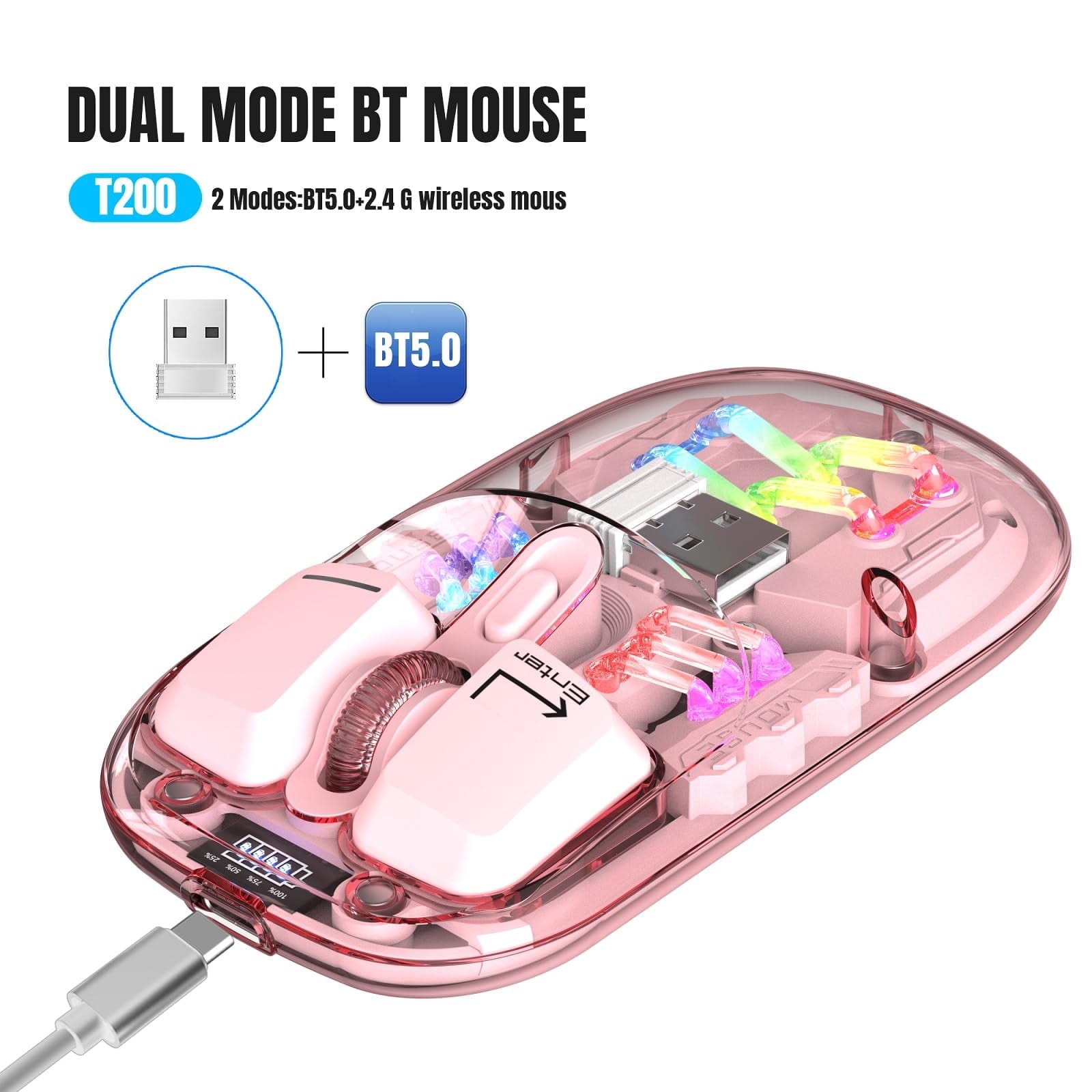 Wireless Transparent RGB Gaming Mouse, Bluetooth 5.0 + 2.4G Dual Mode Mechanical Mouse with Magnetic Top Cover, Rechargeable Ergonomic Mouse for PC Laptop Tablet