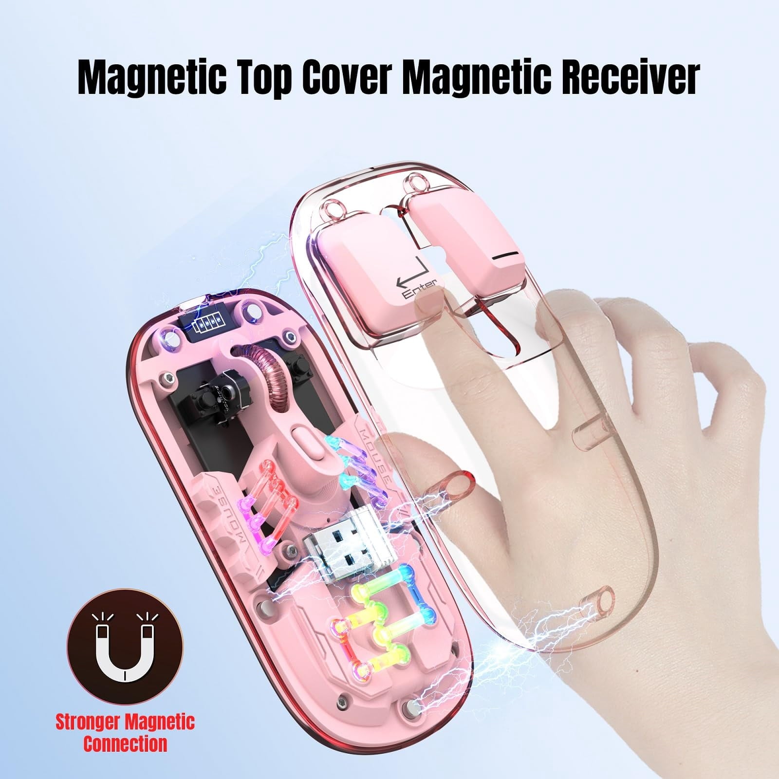 Wireless Transparent RGB Gaming Mouse, Bluetooth 5.0 + 2.4G Dual Mode Mechanical Mouse with Magnetic Top Cover, Rechargeable Ergonomic Mouse for PC Laptop Tablet