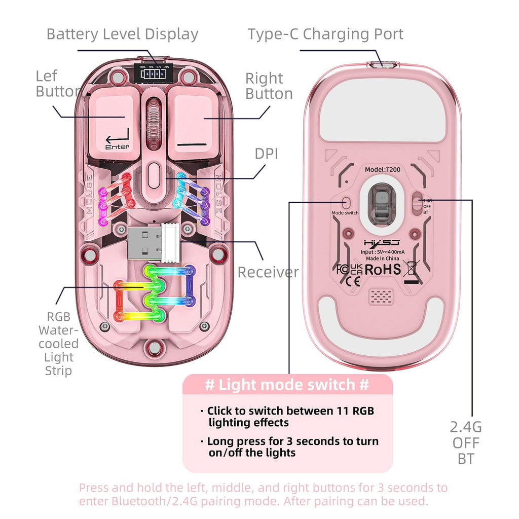 Wireless Transparent RGB Gaming Mouse, Bluetooth 5.0 + 2.4G Dual Mode Mechanical Mouse with Magnetic Top Cover, Rechargeable Ergonomic Mouse for PC Laptop Tablet
