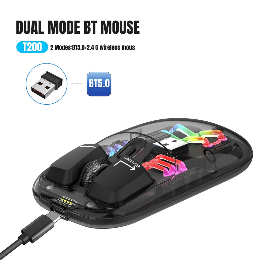Wireless Transparent RGB Gaming Mouse, Bluetooth 5.0 + 2.4G Dual Mode Mechanical Mouse with Magnetic Top Cover, Rechargeable Ergonomic Mouse for PC Laptop Tablet