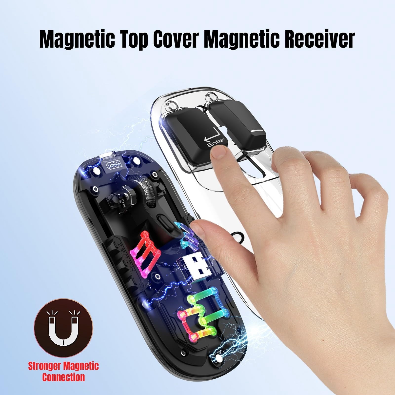 Wireless Transparent RGB Gaming Mouse, Bluetooth 5.0 + 2.4G Dual Mode Mechanical Mouse with Magnetic Top Cover, Rechargeable Ergonomic Mouse for PC Laptop Tablet