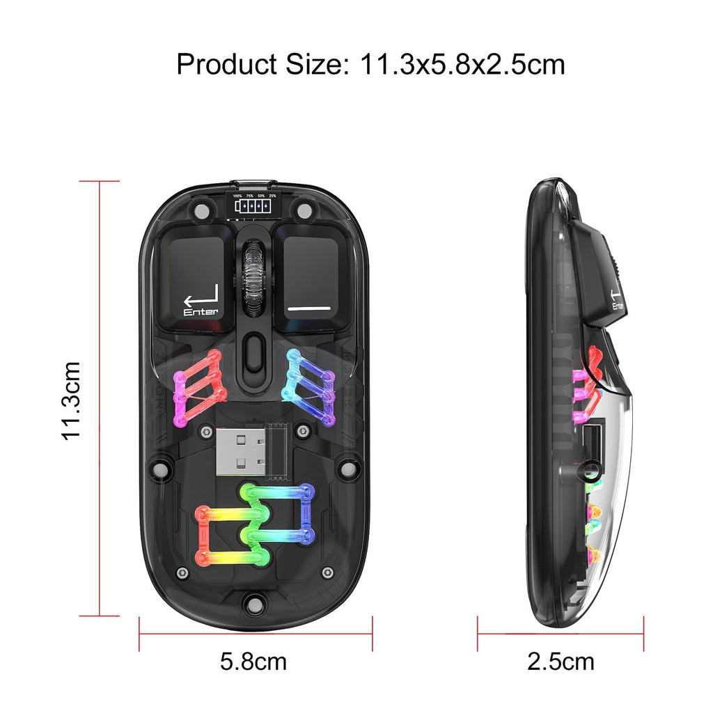 Wireless Transparent RGB Gaming Mouse, Bluetooth 5.0 + 2.4G Dual Mode Mechanical Mouse with Magnetic Top Cover, Rechargeable Ergonomic Mouse for PC Laptop Tablet