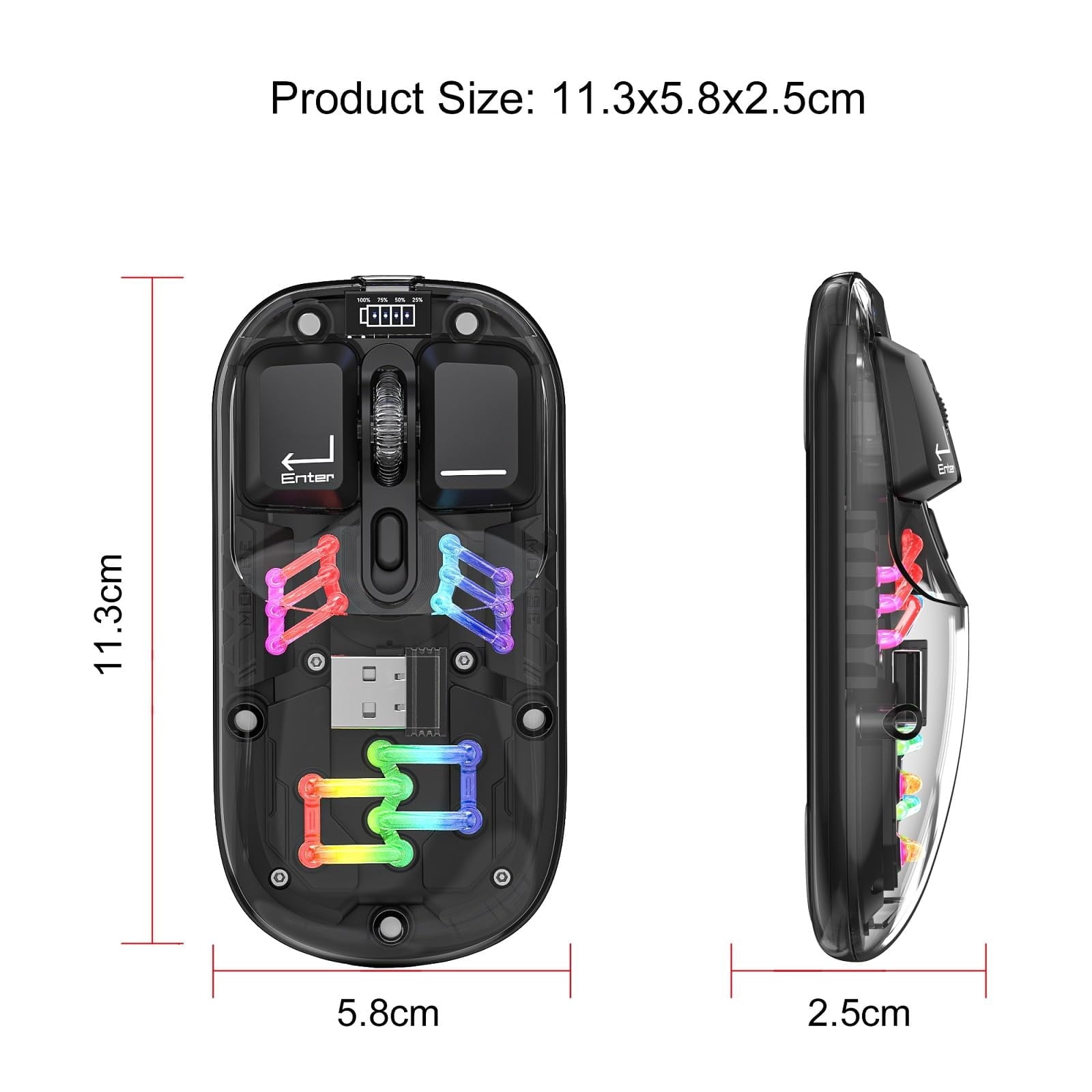 Wireless Transparent RGB Gaming Mouse, Bluetooth 5.0 + 2.4G Dual Mode Mechanical Mouse with Magnetic Top Cover, Rechargeable Ergonomic Mouse for PC Laptop Tablet