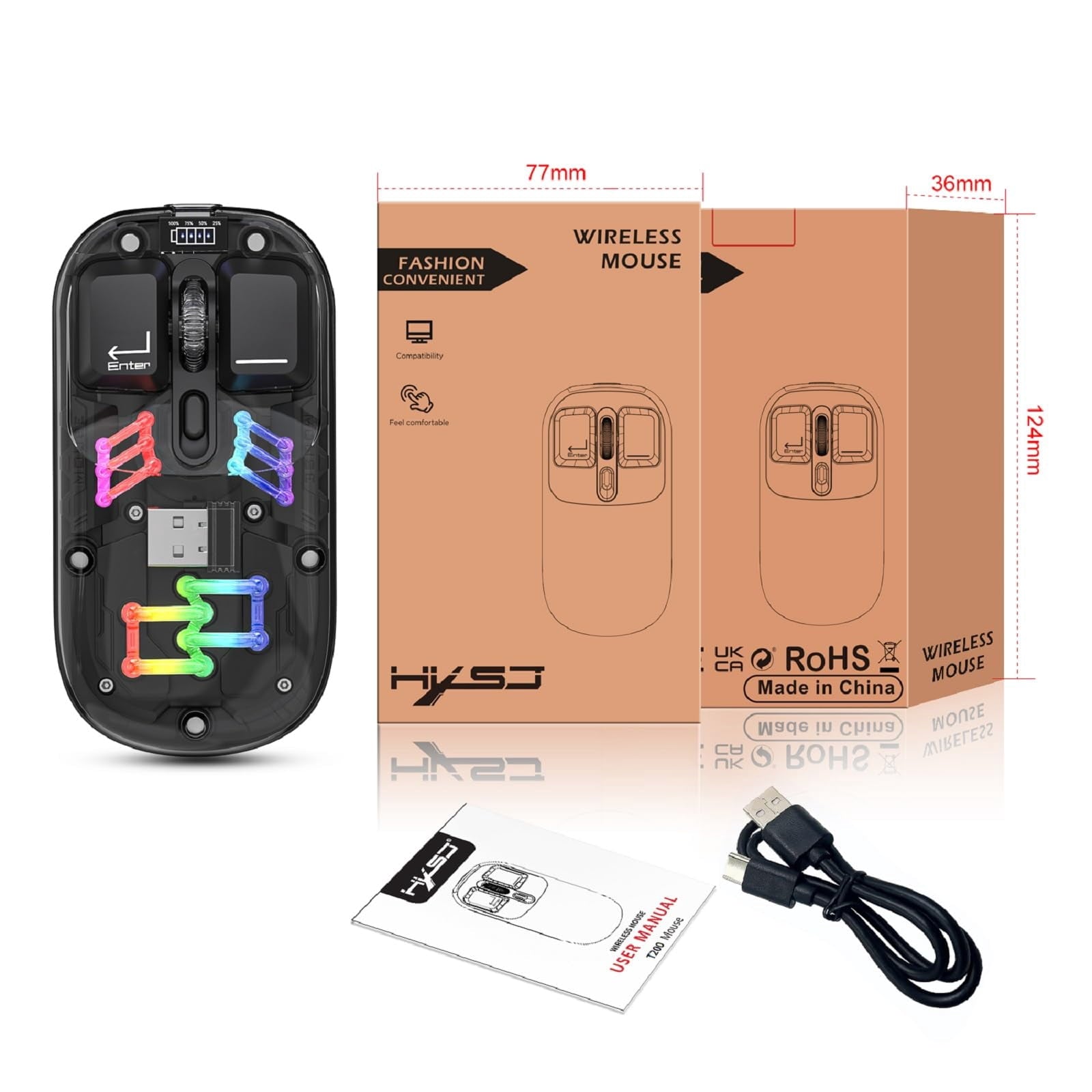 Wireless Transparent RGB Gaming Mouse, Bluetooth 5.0 + 2.4G Dual Mode Mechanical Mouse with Magnetic Top Cover, Rechargeable Ergonomic Mouse for PC Laptop Tablet
