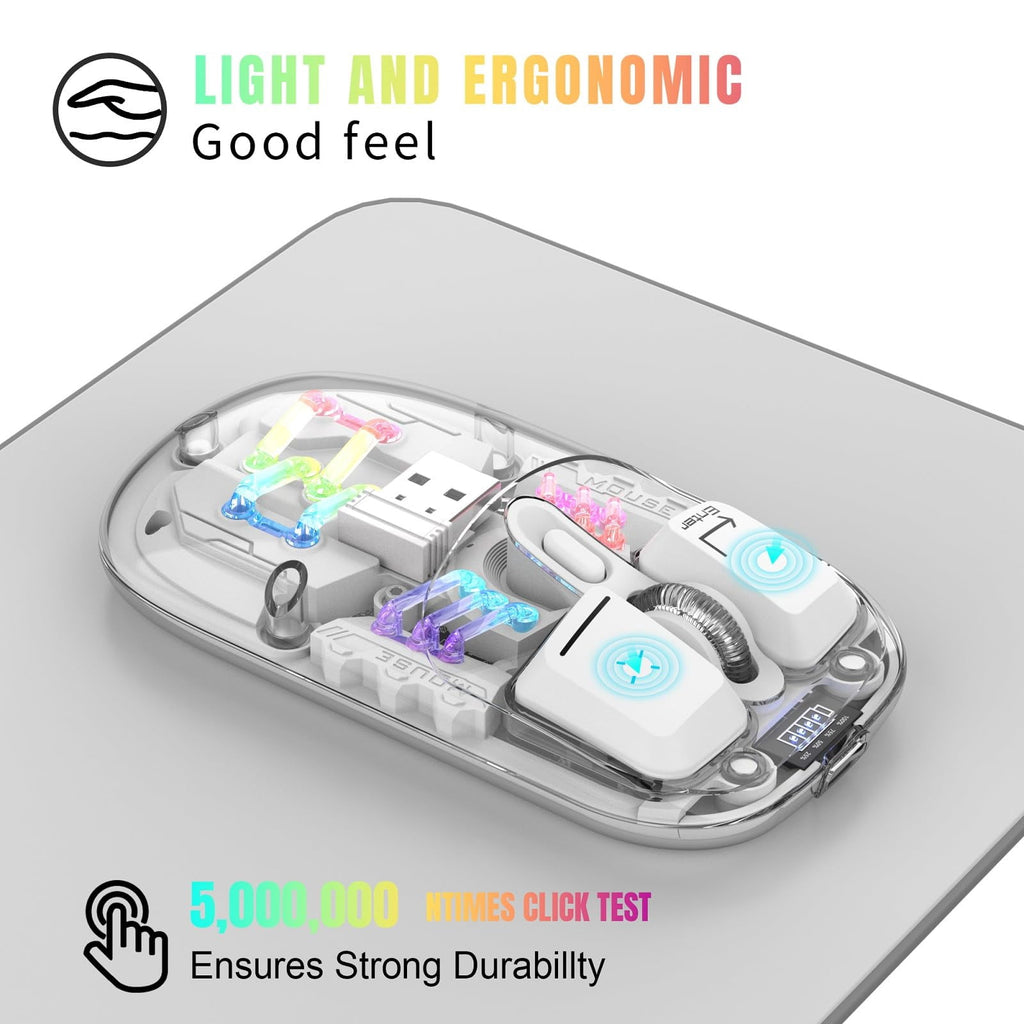 Wireless Transparent RGB Gaming Mouse, Bluetooth 5.0 + 2.4G Dual Mode Mechanical Mouse with Magnetic Top Cover, Rechargeable Ergonomic Mouse for PC Laptop Tablet