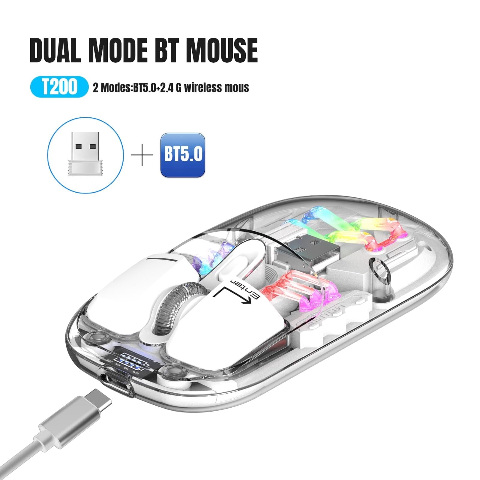 Wireless Transparent RGB Gaming Mouse, Bluetooth 5.0 + 2.4G Dual Mode Mechanical Mouse with Magnetic Top Cover, Rechargeable Ergonomic Mouse for PC Laptop Tablet