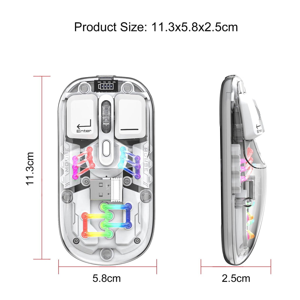 Wireless Transparent RGB Gaming Mouse, Bluetooth 5.0 + 2.4G Dual Mode Mechanical Mouse with Magnetic Top Cover, Rechargeable Ergonomic Mouse for PC Laptop Tablet