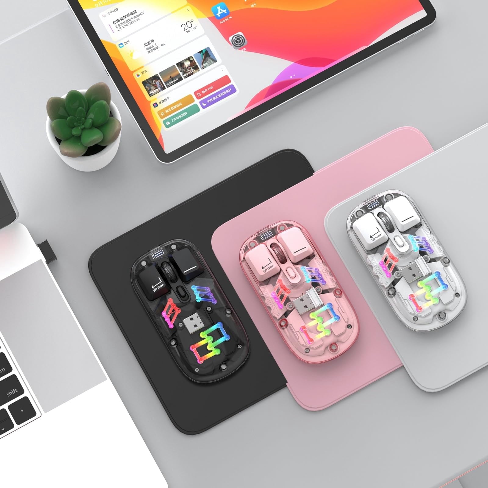 Wireless Transparent RGB Gaming Mouse, Bluetooth 5.0 + 2.4G Dual Mode Mechanical Mouse with Magnetic Top Cover, Rechargeable Ergonomic Mouse for PC Laptop Tablet